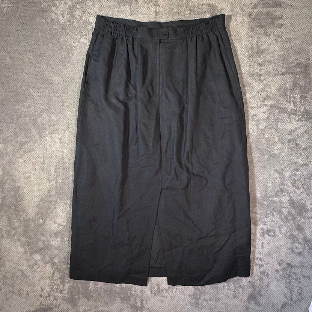 Jessica London Sz 14 Black Linen Rayon Midi Skirt Elastic Waist Slit Lined Goth - Picture 9 of 11